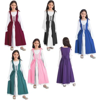 Kids Girls Medieval Renaissance Dress Halloween Cosplay Costumes Square Neck Long Flare Sleeve Adjustable Lace-up Gown Robe