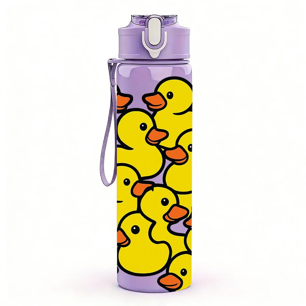 1PC Large Group Yellow Duck Grid 750ml Color Plastic Sports Water Bottle Leakproof Flip Straw Lid For Sports Office Home Use