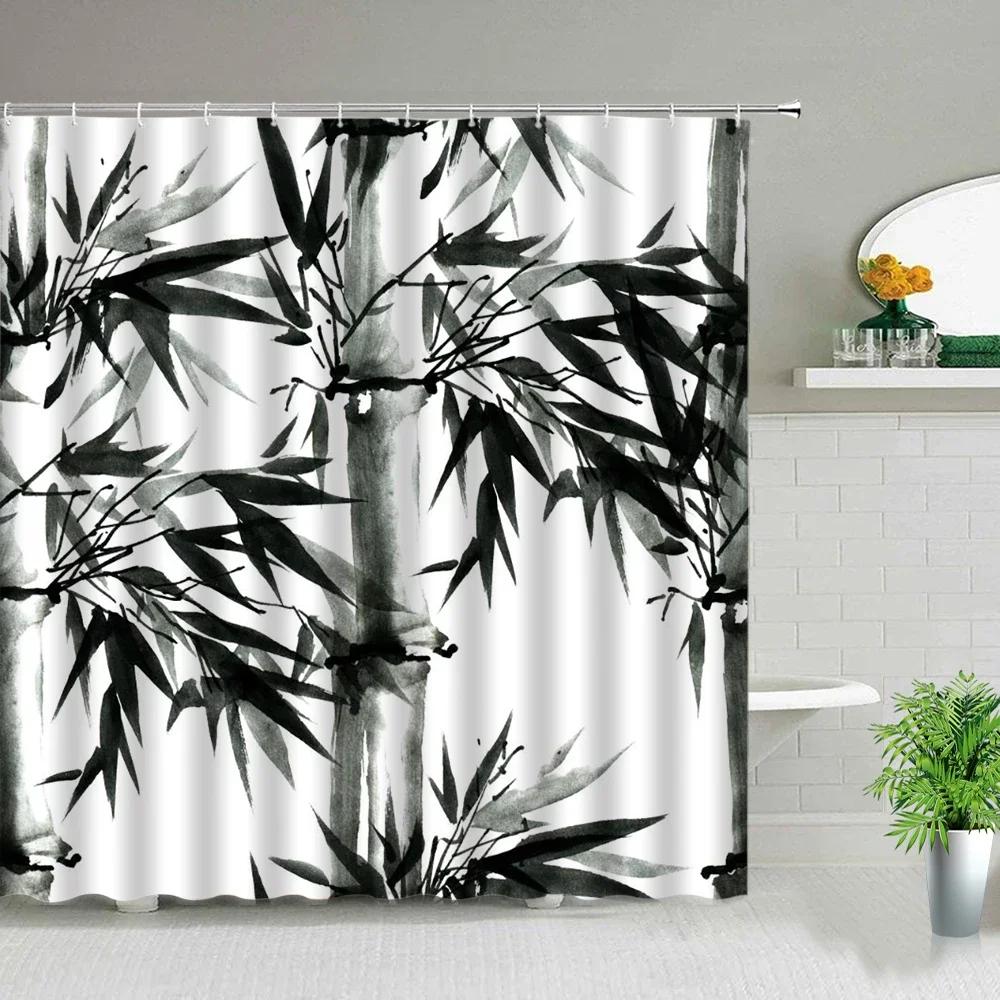 Chinese Style Green Bamboo Series Shower Curtain Set Waterproof Home Bathroom Decor Curtains With Hook Popular Bath Accessories