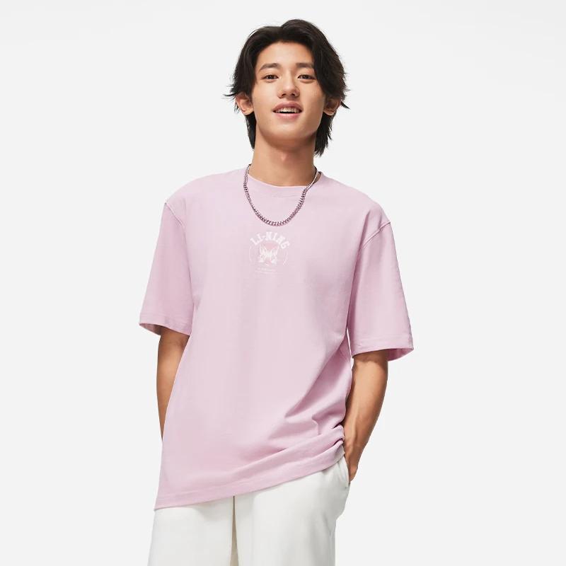 Li-Ning Chinese Culture Series Butterfly Logo Print Round Neck Short Sleeve T-Shirt Men Tops Soft-Pink AHST207-4