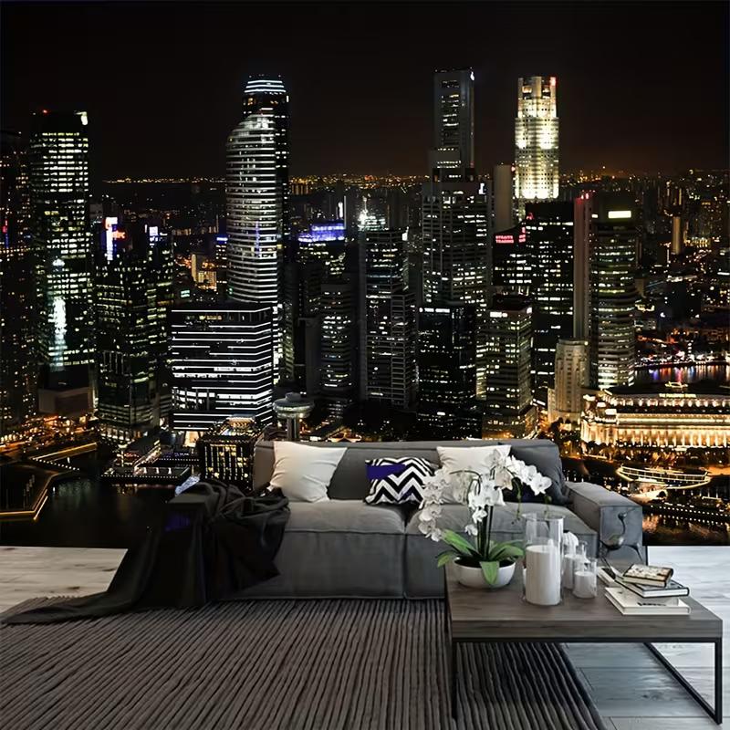 2D Singapore Night Skyline Tapestry Modern City Glowing Skyscraper Wall Decor 47.2x31.5inch/120*80cm