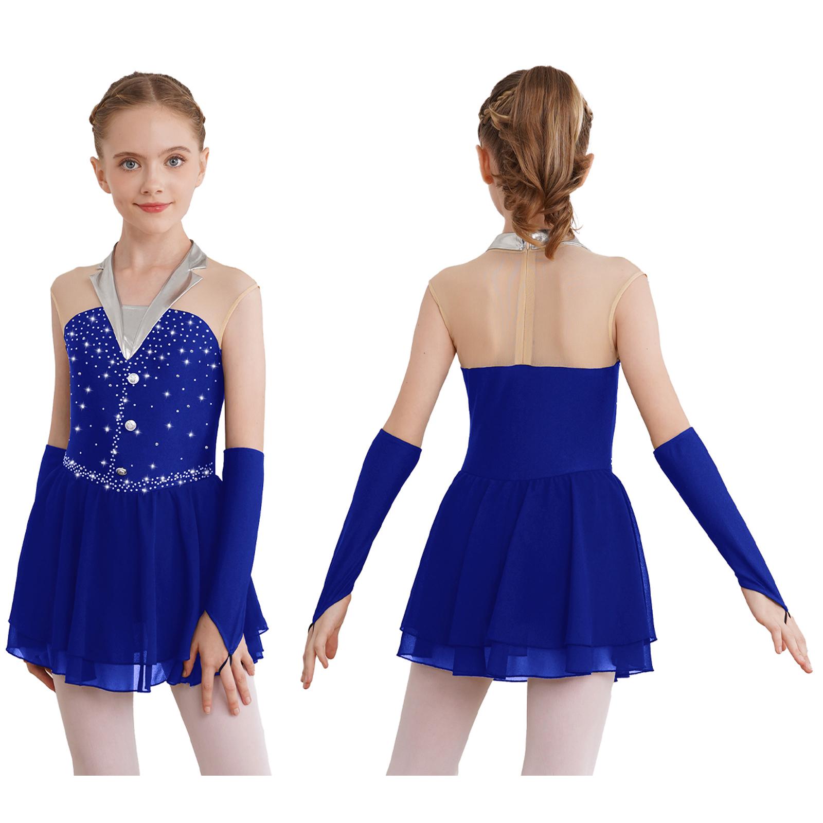 

Kids Girls Dance Performance One-Piece: Sparkling Sleeveless Patchwork Dress with Built-In Briefs & Fingerless Gloves for Skating Shows 5-6 Years