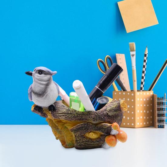 Simulated Bird Pen Holder Resin Stump Bird Stationery Pencil Stand