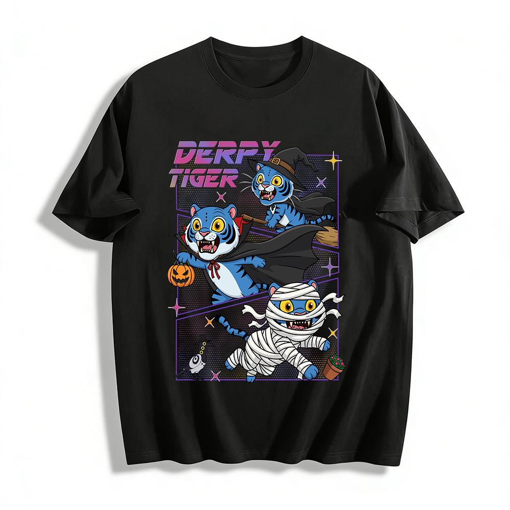 

Halloween Derpy Tiger Print T-shirt Witch Dracula Mummy Themed Funny Holiday Casual Top For Men Women Pure cotton T-shirt XXS