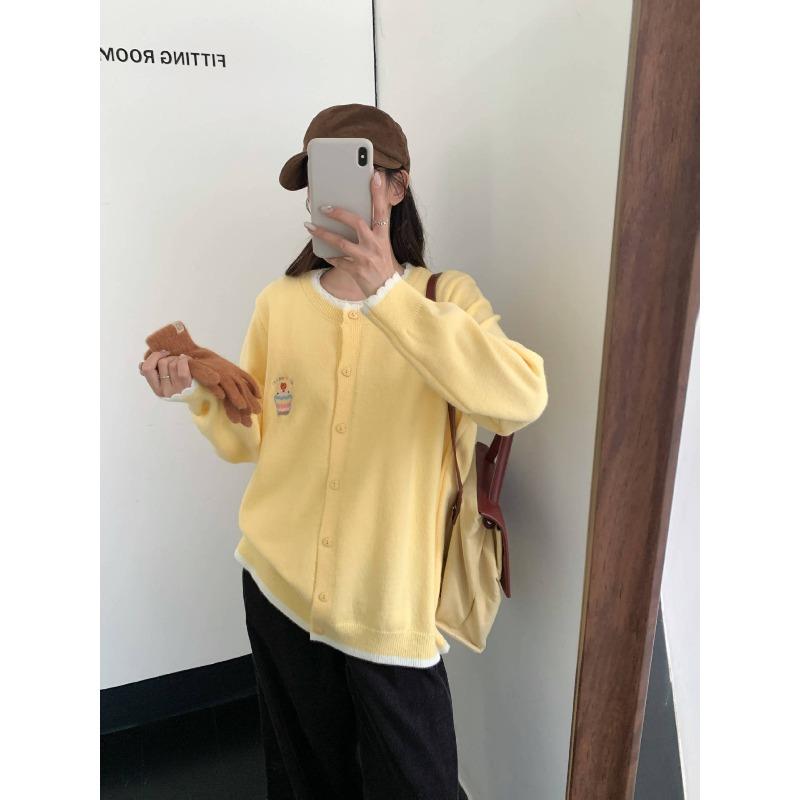 

Autumn and winter large-size women s clothing new knitted sweater cardigan women s senior design sense casual versatile crew neck knitted cardigan L (180-110kg) жовтий