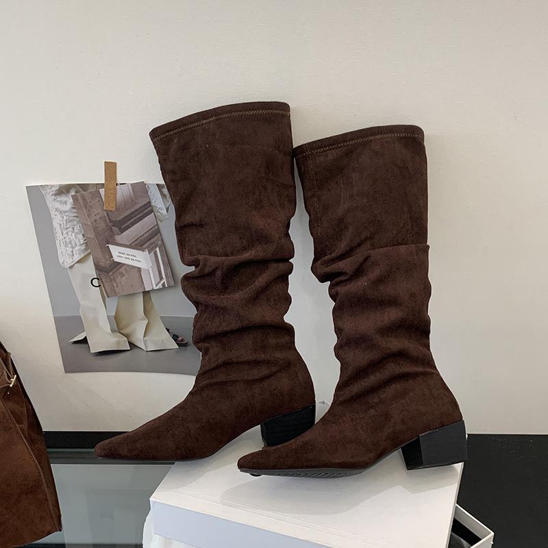 Fashion 2025 Design Pleated Woman Knee-High Boots Fashion Pointed Toe Long Booties Autumn Winter Square Heels Slim Shoes