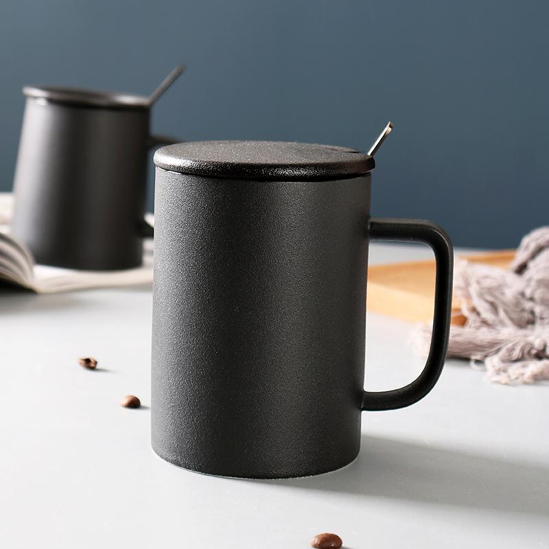 Retro Style Personalized Frosted Ceramic Mug Japanese Home Black Breakfast Cup with Lid and Spoon Office Mugs