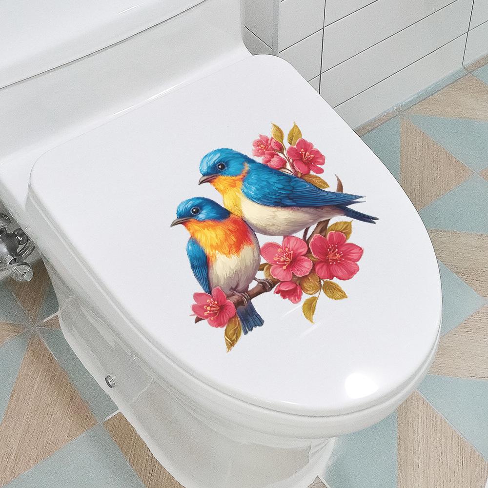 Hand Painted Crabapple Blossom Branch with Small Birds Toilet Seat Sticker Bathroom Decor Self-Adhesive Removable Decal