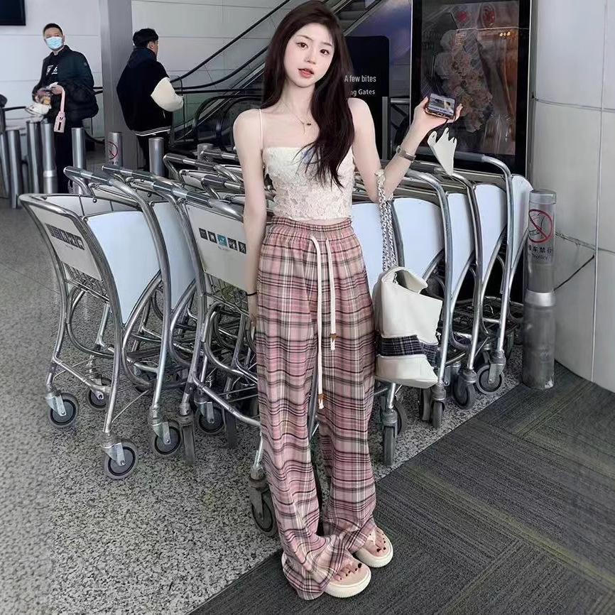 Plus Size High Waist Plaid Wide-Leg Ice Silk Pants for Women
