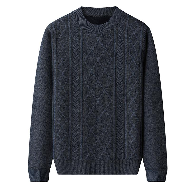 Men's Winter Long-Sleeve Crew-Neck Sweater: Fleece-Lined, Thickened, Warm Top for Middle-Aged and Elderly Men—Dad-Style Sweater