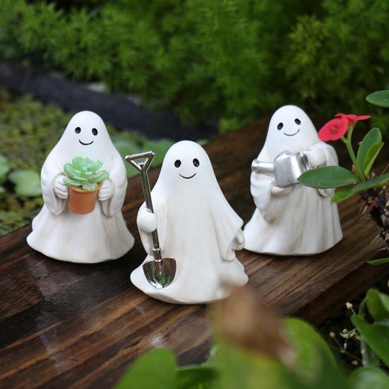 3 Pcs Halloween Ghost Figurines Resin Gardening Ghost Statue Cartoon Ghost Collectibles