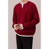 Men's Red V-Neck Sweater: Fake Two-Piece Design, Zodiac Year, Autumn/Winter Knitwear, Versatile Inner/Outer Layer, New Year Style.