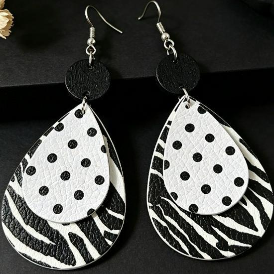 Polka Dot Double Layer Water Drop Leather Earrings - Black & White Geometric Accessories