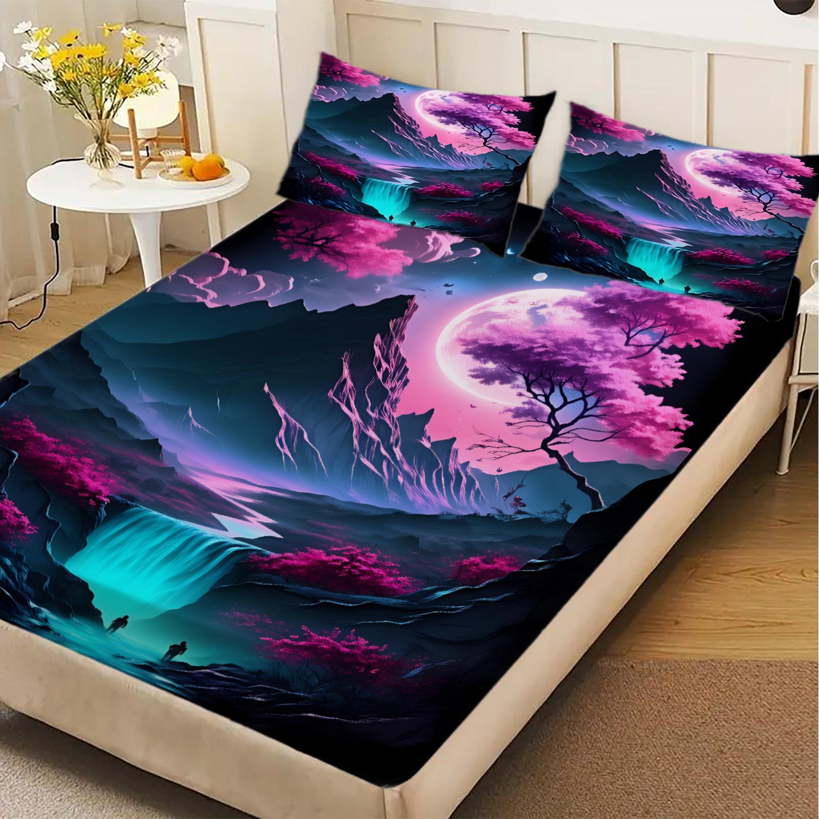 

3pcs Fitted Sheet Set Japanese Garden Night Scene 3D Printed Cherry Blossom Waterfall Bed Sheet With Pillowcases For Bedroom 99x190x25cm