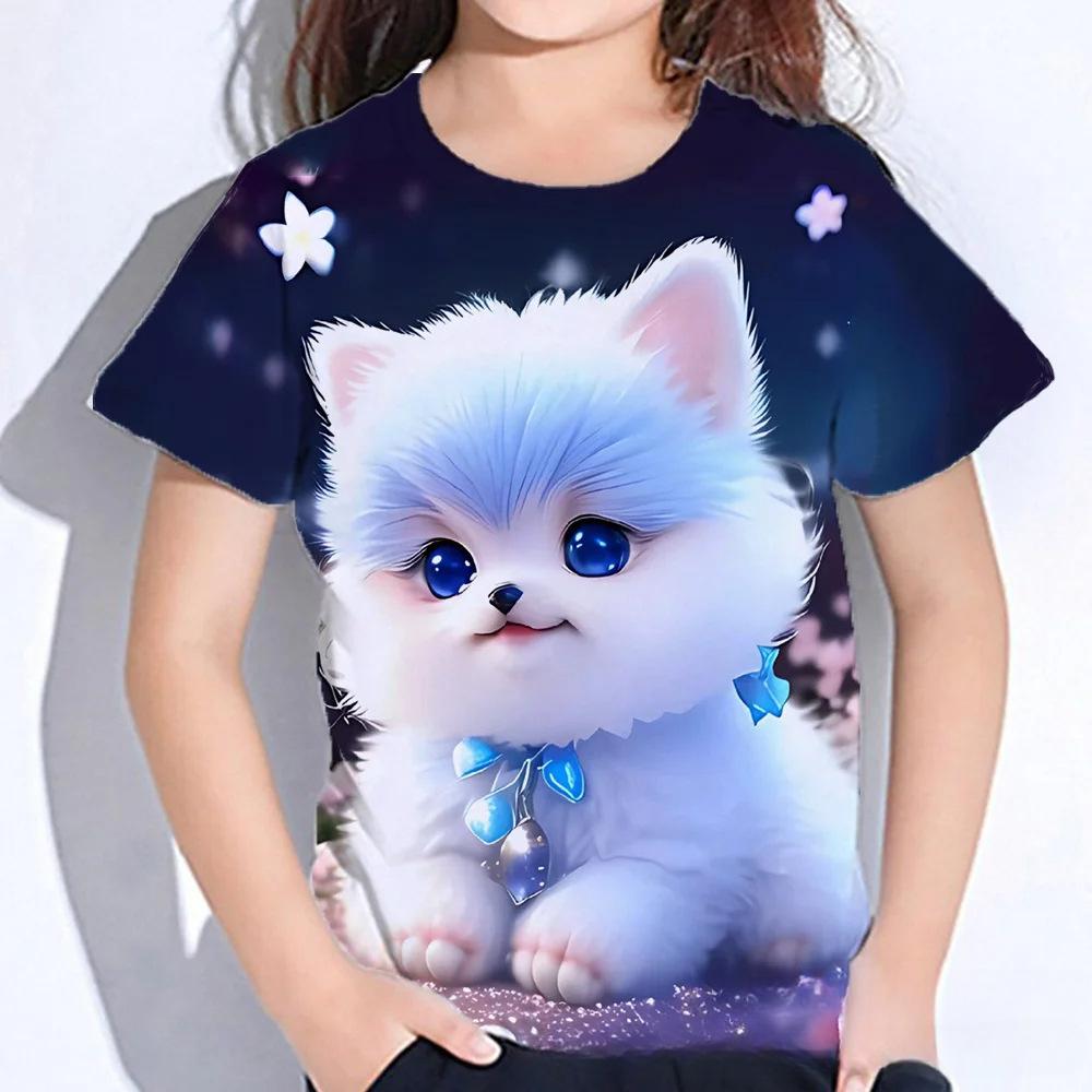 Summer Round Neck 3D Cat Printed Top Fashionable Casual Short Sleeved Children's Girl T-shirts