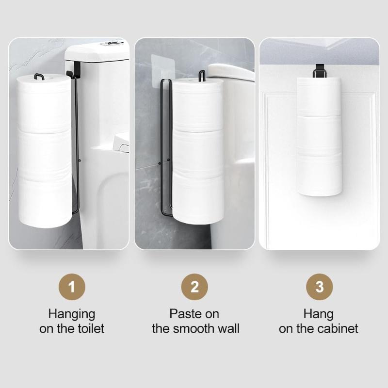 Black Self-Adhesive Toilet Paper Holder - No-Drill Wall Mount, Bathroom Storage with Towel Bar for Kitchen & Bathroom Organization