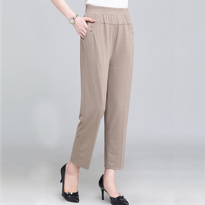 Summer Thin Breathable Elastic Pants Women's Solid Color High Waisted Loose Casual Pants Middle-aged Elastic Straight Leg