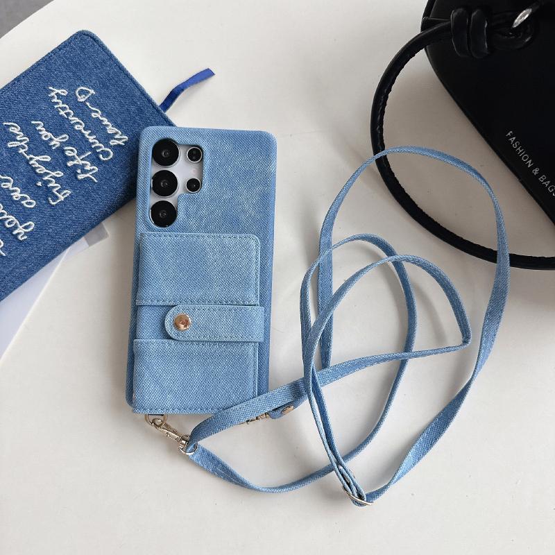 Luxury Solid Color Denim Wallet Card Slot One Buckle Lanyard Phone Case For Samsung S25 Ultra S23 S24 Ultra Bumper Back Cover