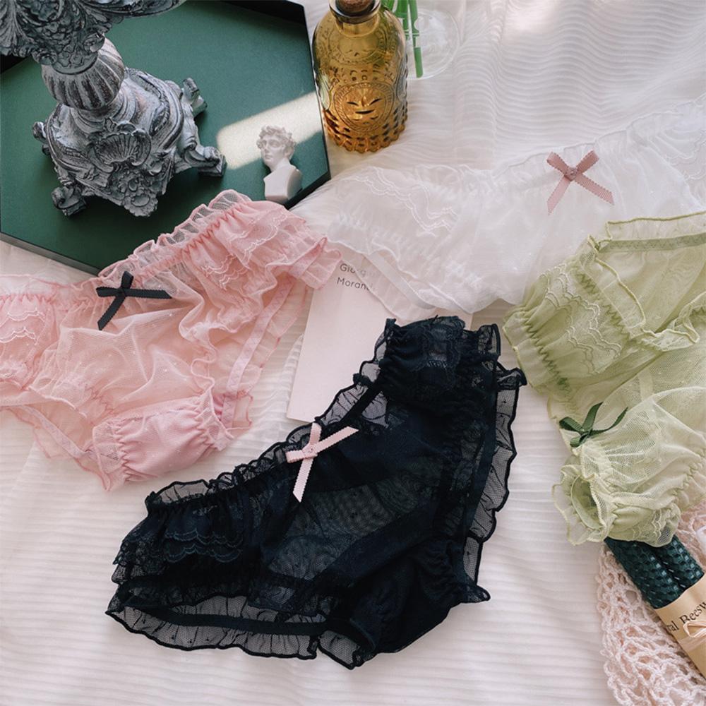 Women Thong Underpants Bow Mid-waist Transparent Lingerie Underwear Mesh Panties Briefs