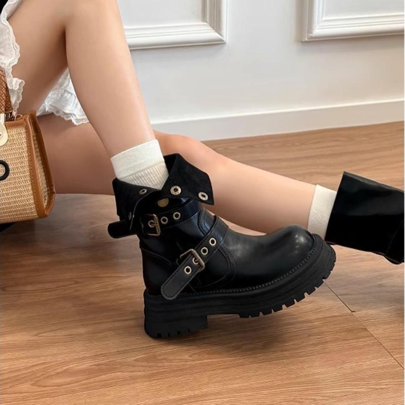 Fashion Women's Boots Fashion Retro Comfort Belt Fastener Lapel Women's Ankle Boots Chunky Platform PU Leather Knight Boots Botas Mujer