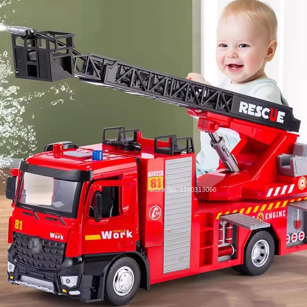 1:18 Scale Alloy Fire Truck with Light and Music Ladder Fire Trucks Water Spray Sprinkler Vehicle for Children Birthday Present