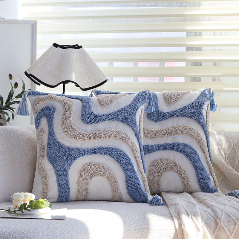 Blue Tufted Cushion Sofa Living Room Tassel Cushion Backrest Bedroom Bed Cushion Pillow Case Without Core