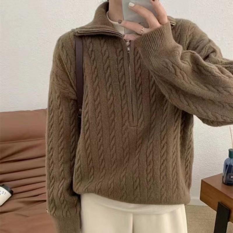 Womens Vintage Cable Knit Sweater Loose Fit High Neck Long Sleeve Winter Top