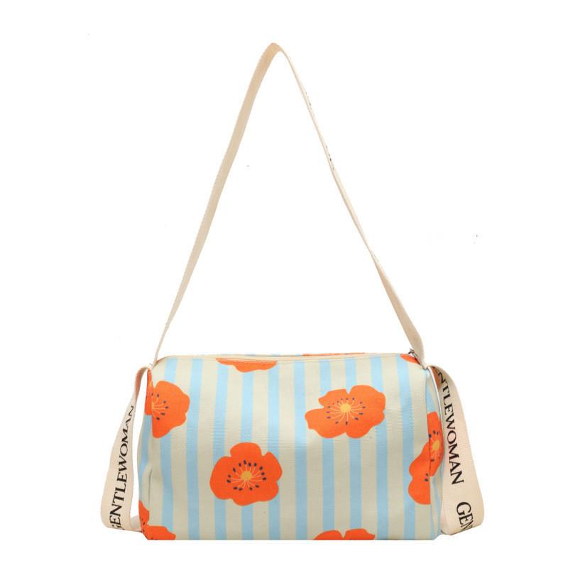 Cute Painted Floral Canvas Bag 2023 New Casual Shoulder Bag Cross-border Fashion Bear Grid Blue Red