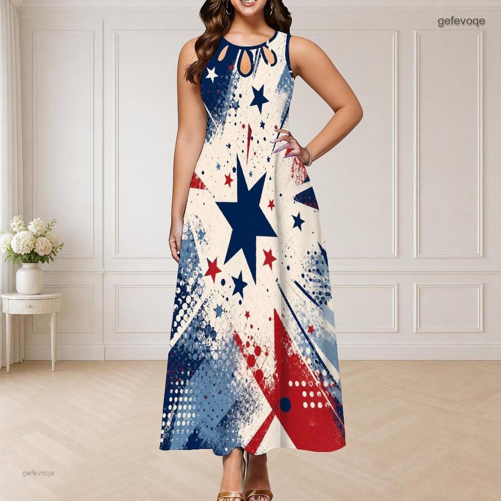 Women Plus Size Round Neck Triple Keyhole Sleeveless Printed Red Blue Silver Long Dress