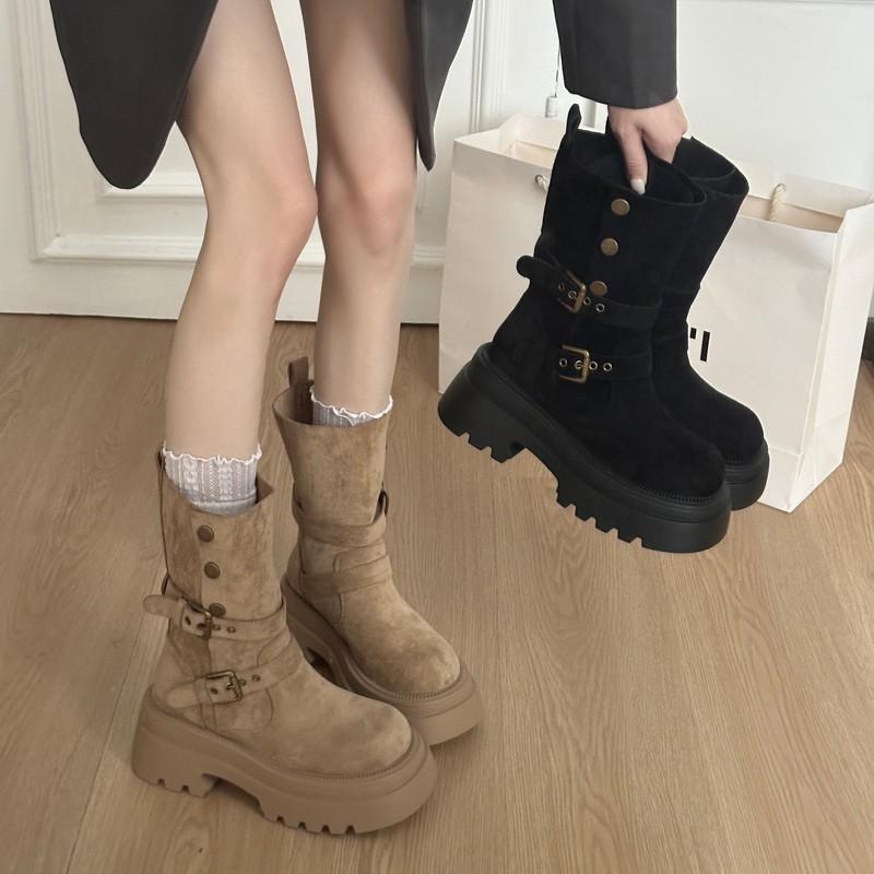 Height-increasing Retro Maillard Martin Women's Autumn and Winter New Models But Knee Two Wear Thick-soled Thick-heeled Western Short