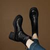 Autumn and Winter Round Head Solid Color Large Size Leather Boots Rear Zipper Middle Heel Round Head Comfortable Square Heel Thick Bottom Non-slip M