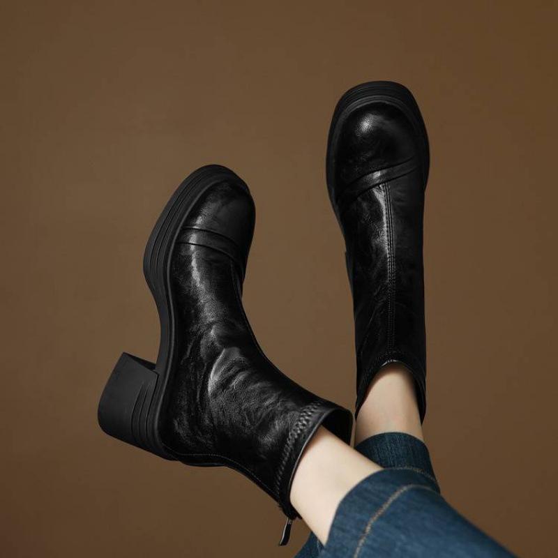 Autumn and Winter Round Head Solid Color Large Size Leather Boots Rear Zipper Middle Heel Round Head Comfortable Square Heel Thick Bottom Non-slip M