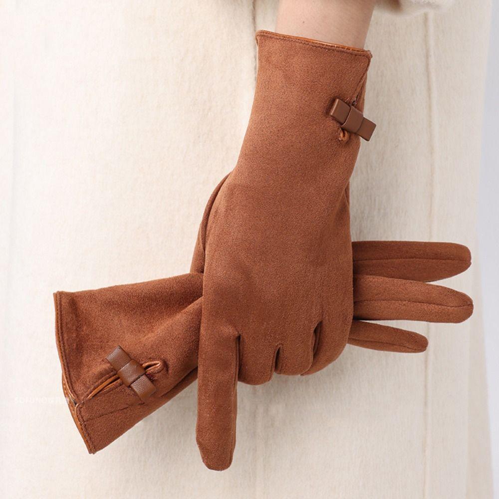 Velvet Winter Bow Suede Gloves Soft Women Cycling Mittens Cute Pu Leather Gloves  Outdoor
