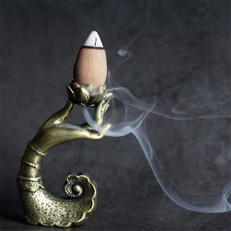 Vintage Buddha Hand Lotus Räuchergefäß Sandelholz Räucherkegel Halter Messing Rückfluss Räucherkegel Halter Ornamente Büro Schreibtisch Heimdekoration