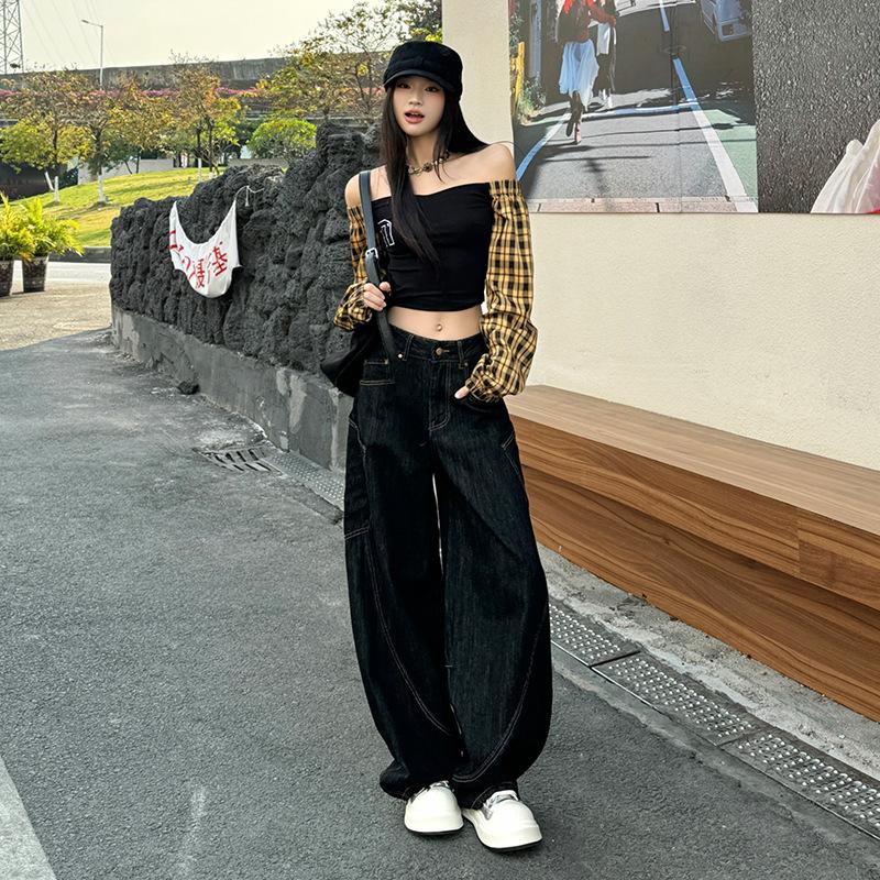 Retro Scimitar kalhoty pro ženy s vysokým pasem výšivka s písmeny volné široké džíny pro ženy se Scimitar džíny pro ženy