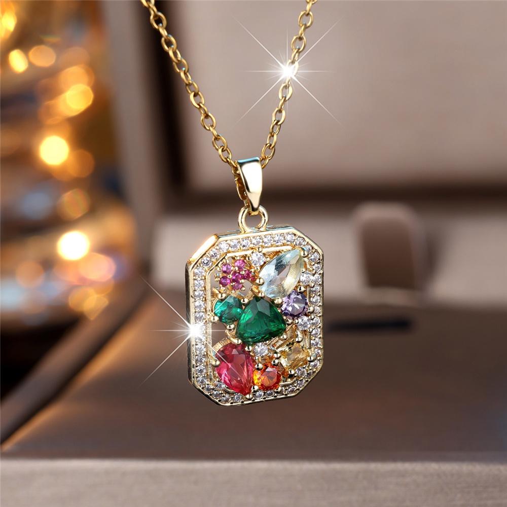 Female Crystal Rainbow Zircon Stone Pendant Necklace Vintage Gold Color Wedding  For Women