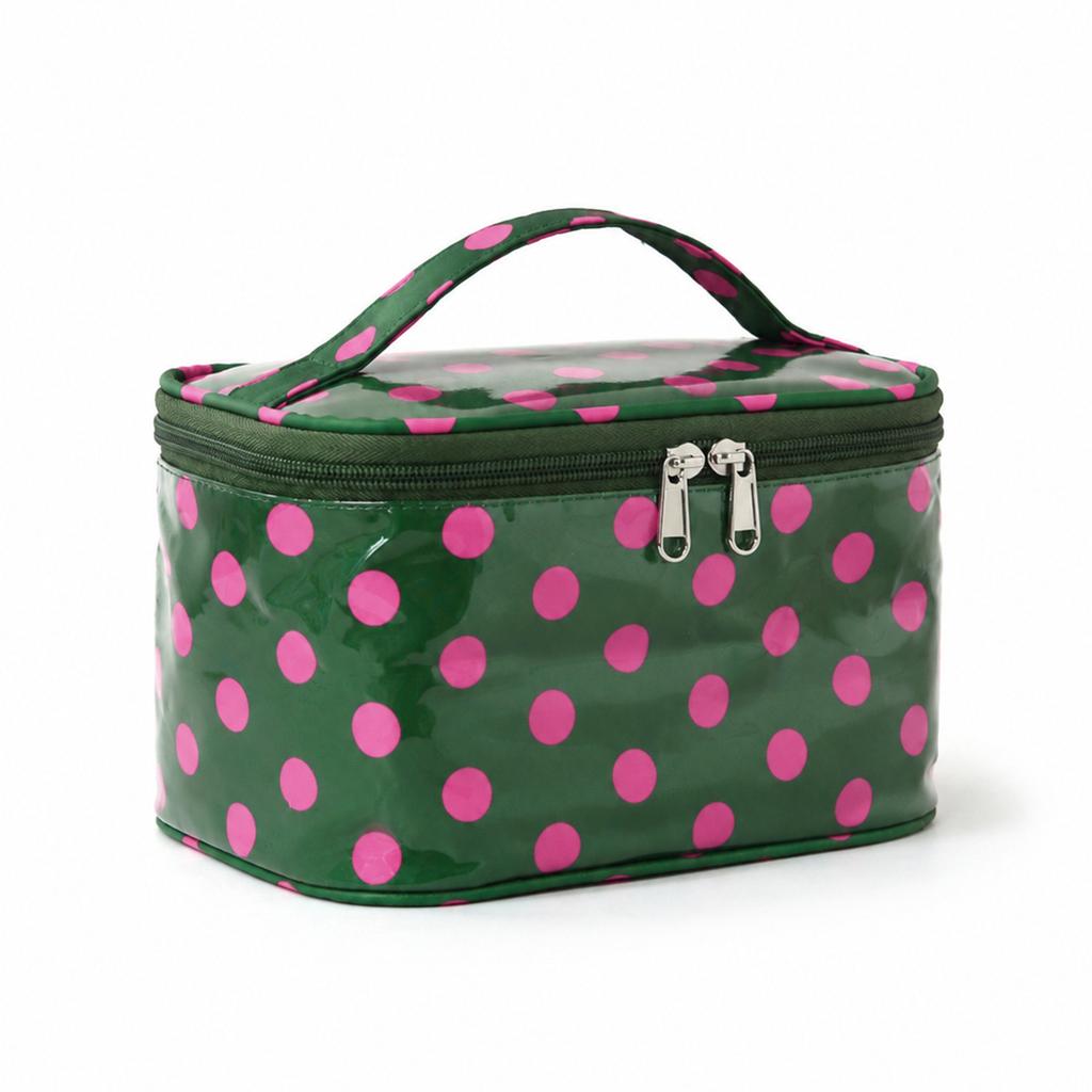 Polka Dots Travel Make-up Bag with Compartments – Coated Cosmetic Bag for Women, Waterproof, Portable, Flat-Folding Toiletry Bag