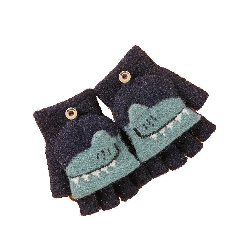 Children's Flip-Top Half-Finger Winter Gloves - Crystal Mink Dinosaur Design