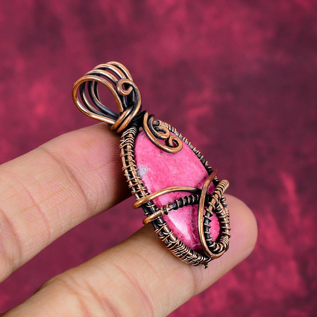 Thulite Gemstone Pendant Copper Wire Wrapped Jewelry Handmade Designer Pendant