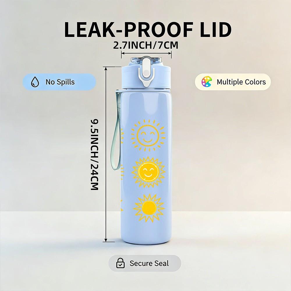 1PC Multi Sun Repeat Pattern 750ml Color Plastic Sports Water Bottle Leakproof Flip Straw Lid Suitable for Sports Office Home Use