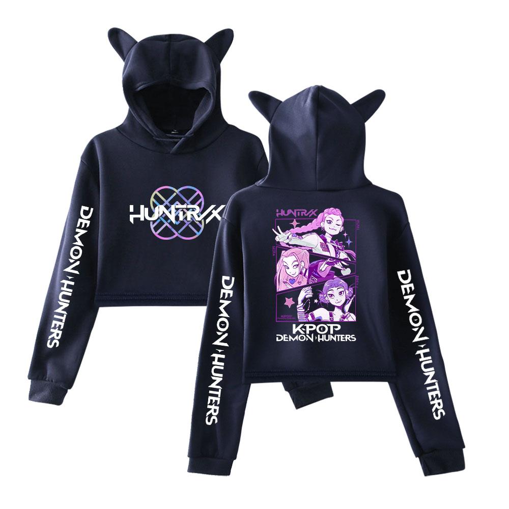 KPop Demon Hunters Pullover Girls Casual Cat Cropped Hoodies Female Long Sleeve Sweatshirts Crop Top Women's Hoodie Sexy Tops