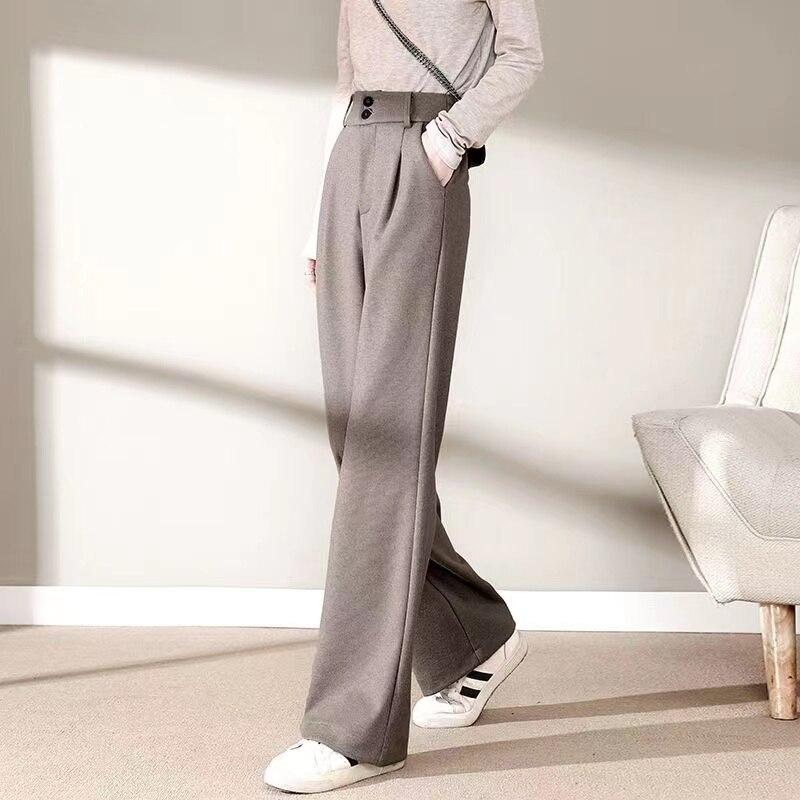 Winter Women Cotton Pants Casual Solid Color Wide Leg High Waist Female Straight Long Trousers