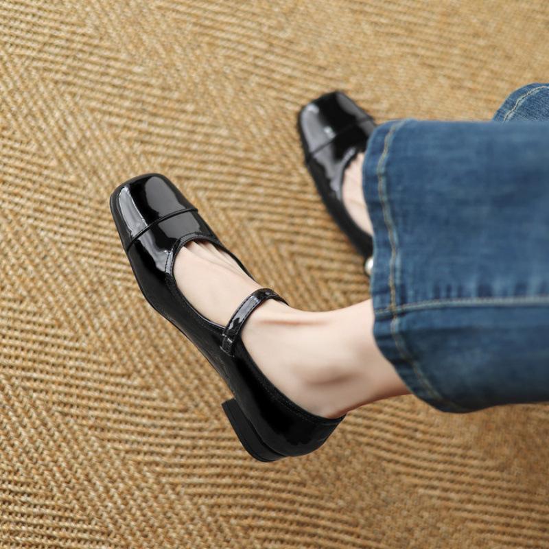 New Casual Patent Leather Single Shoes Square Head Flat Shoes Four Seasons Wear Women's Shoes Black Low Heel Large Size Shoes Square Heel Leather 