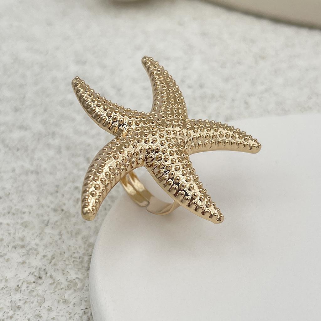 Design Sense Ins Style Hollow Flower Open Ring, Personalized Starfish Imitation Pearl Feather Ring for Women