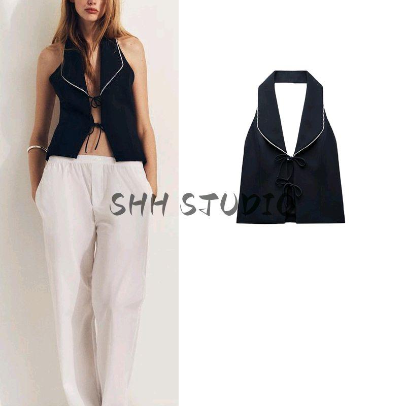 25 Spring New Women's Clothing American V-Shaped Neckline Bowknot Decoration Patchwork Hanging Collar Tops 2119550