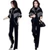 Stilvoller Damen-Karosuit mit Samt-Verzierungen: Schwarzes Patchwork-Jacken-Zweiteiler-Set für Herbst/Winter