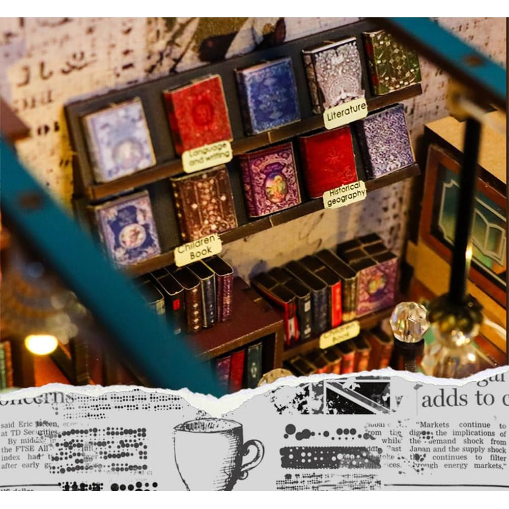 Moin Moin Dollhouse Miniature Handmade Kit Book Shape Paper Craft Blue Classical Retro Realistic Touch LED Light