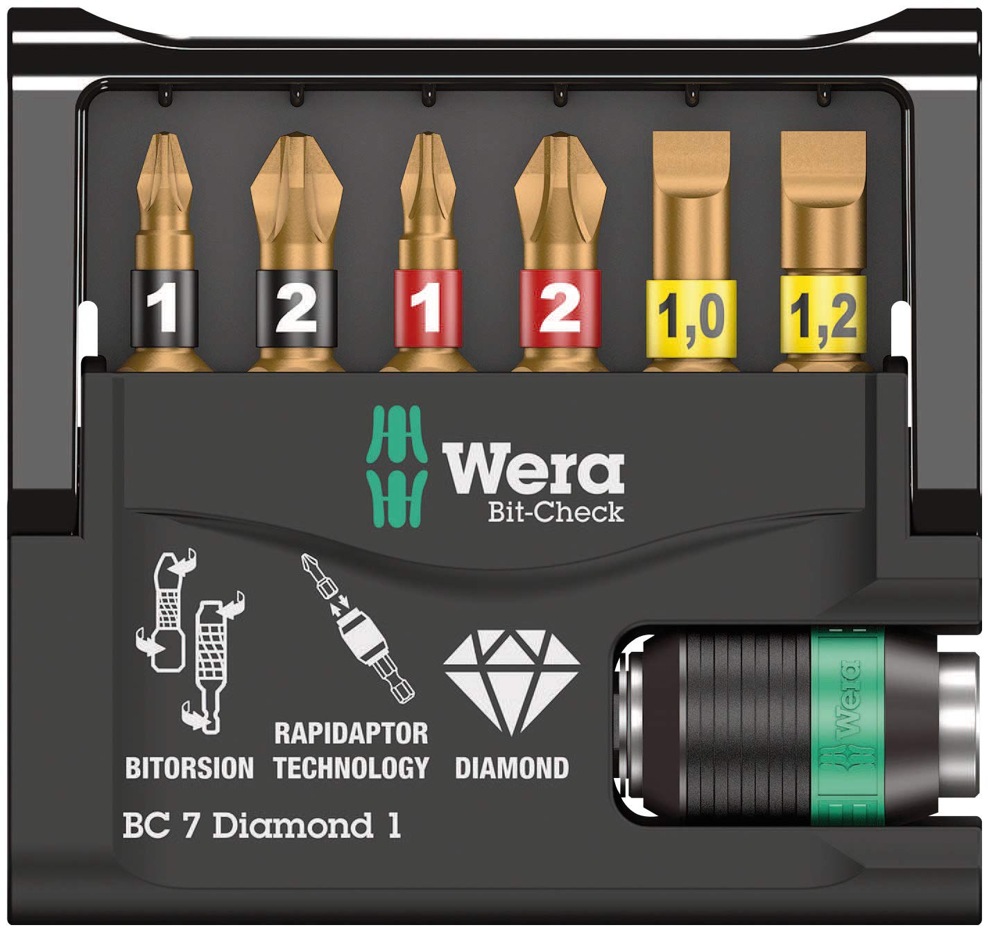 

WERA BiTorsion Driver Bit and Holder Set with 073419 7-Piece Diamond-Coated Case,