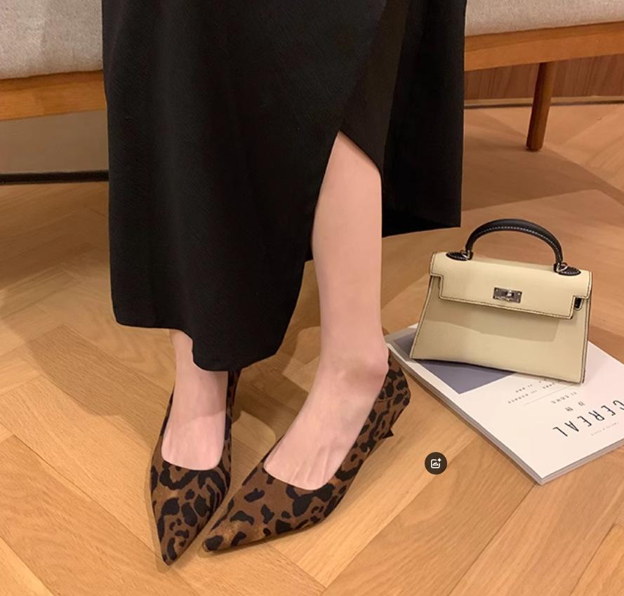 Deluna Daughter~ Temperament Small Pointed Head Shallow Mouth Empty Sandals Women's Thin Heel Leopard Cat and Single Shoe Women