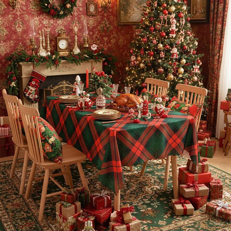 New American Table Cloth Christmas Themed Dining Table Cloth Holiday Beautification Decoration Checkered Printing Dust-proof